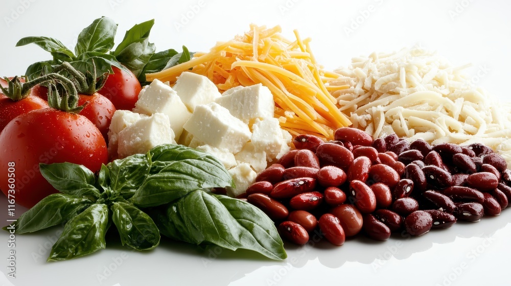 An array of vibrant fresh ingredients arranged aesthetically, showcasing the beauty and health benefits of cooking with natural produce and cheese for meals. An array of vibrant fresh ingredients arranged aesthetically, showcasing the beauty and health benefits of cooking with natural produce and cheese for meals.