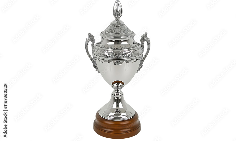 A silver trophy with intricate designs and a wooden base, symbolizing achievement. A silver trophy with intricate designs and a wooden base, symbolizing achievement.