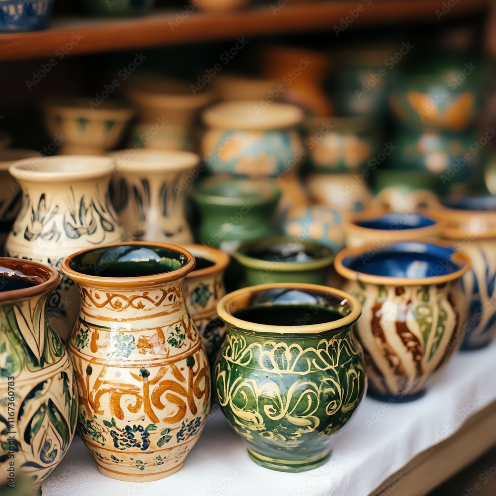 Colorful ceramic pots displayed on a shelf with intricate designs. Colorful ceramic pots displayed on a shelf with intricate designs.