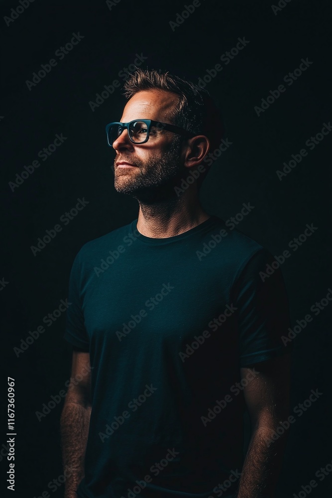 Man on Gradient background blending deep navy blue into black with fine speckled noise details. Man on Gradient background blending deep navy blue into black with fine speckled noise details.