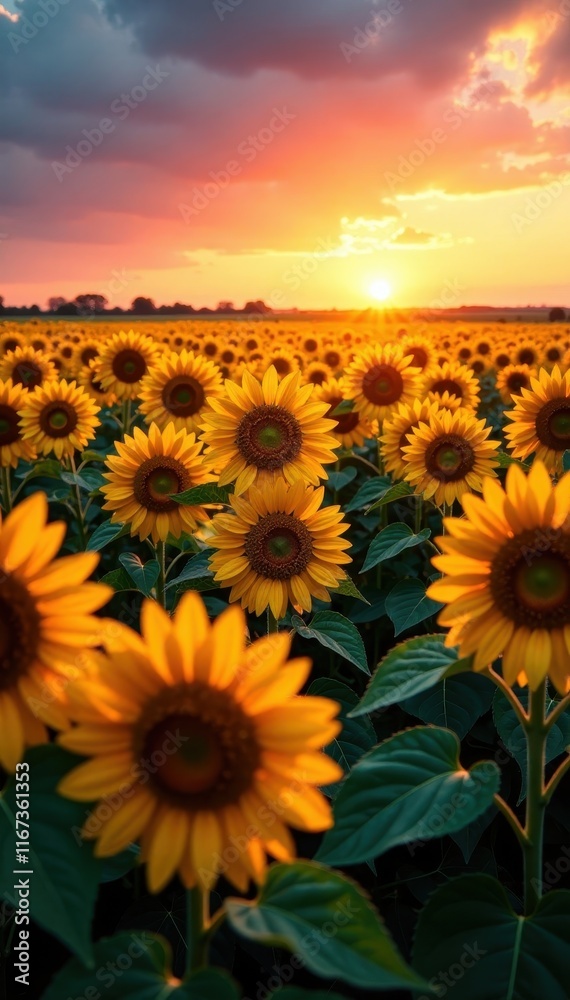 Fototapeta premium Sun dips below horizon, casting long shadows across a sea of sunflowers Intense color palette , shadows, scenic, purple