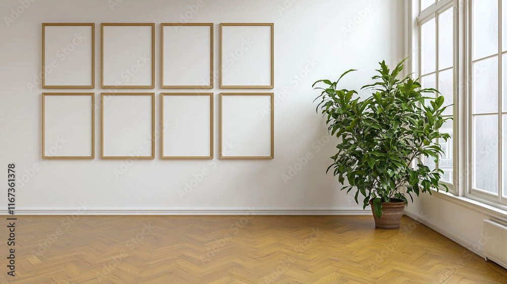 Fototapeta premium Minimalist White Wall with Wooden Parquet Flooring and Empty Picture Frames