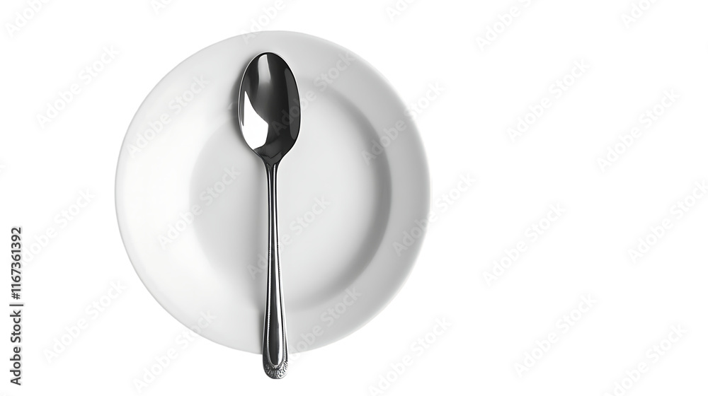 A simple white plate with a shiny spoon resting on it, ready for a meal. A simple white plate with a shiny spoon resting on it, ready for a meal.