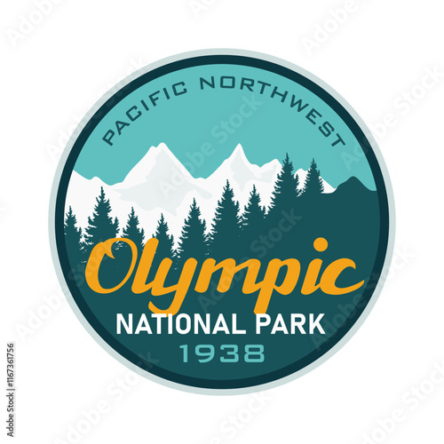 Olympic National park emblem badge patch logo design with vintage mountain, pine tree, snow, vector illustration photo