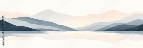 Tranquil mountain lake at dusk reflection in muted colors for nature themes photo