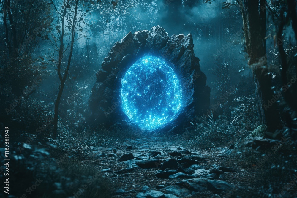 Fototapeta premium Mystical Blue Portal in a Dark Forest Setting