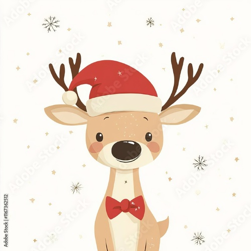 Cute cartoon reindeer wearing a red Santa hat, cheerful expression, large brown antlers,  brown nose,  small cheerful eyes,  red bow tie. Light beige/tan fur.  White  background with snowflakes 