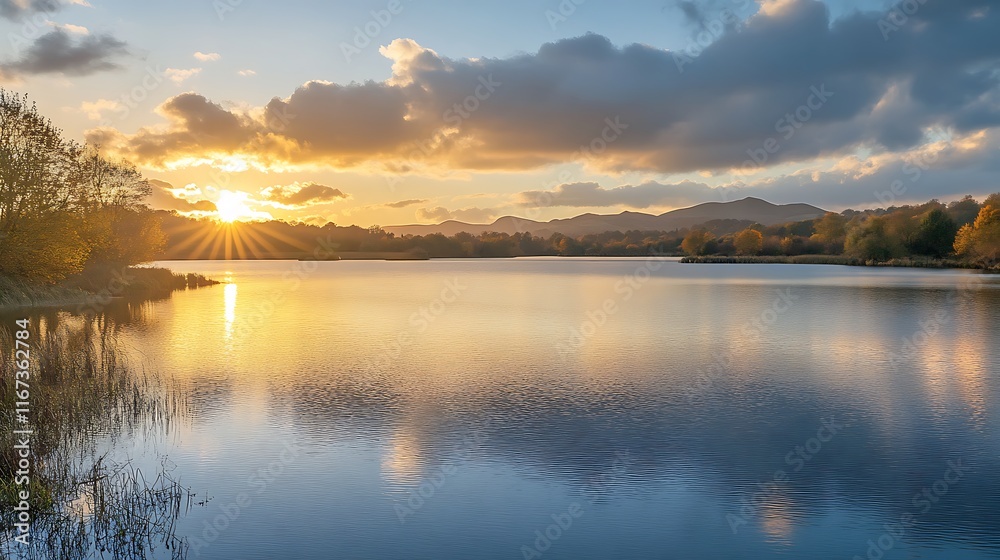 Sunset over calm lake with autumn trees and distant hills Sunset over calm lake with autumn trees and distant hills