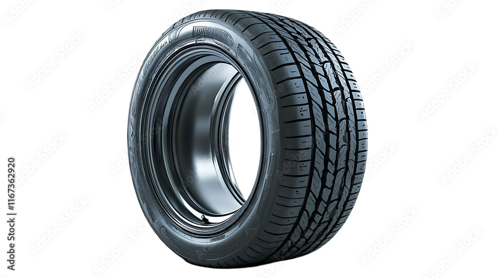 A single automobile tire displayed upright, showcasing its tread and design. A single automobile tire displayed upright, showcasing its tread and design.