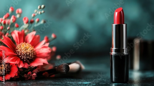 A vibrant red lipstick stands prominently next to colorful flowers, highlighting beauty and femininity, capturing the essence of self-expression and cosmetic artistry. photo