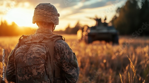 A soldier gazes into the distance at a military vehicle during sunset, captured in a moment of reflection that symbolizes dedication and the complexities of military life. photo