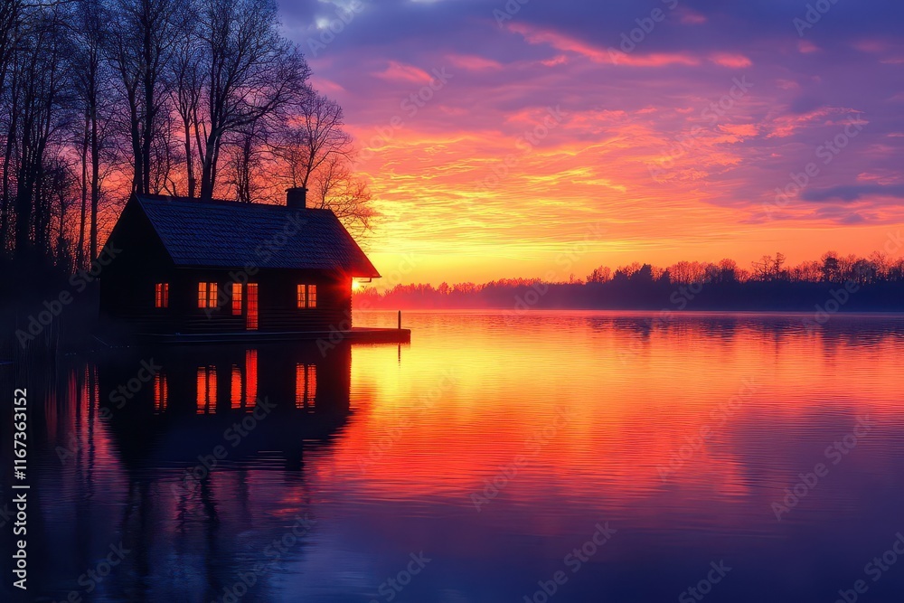 idyllic lakeside cabin silhouetted against a breathtaking sunset reflecting warm oranges and soft purples on tranquil waters creating a peaceful and serene atmosphere perfect for relaxation idyllic lakeside cabin silhouetted against a breathtaking sunset reflecting warm oranges and soft purples on tranquil waters creating a peaceful and serene atmosphere perfect for relaxation