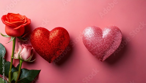  two red and pink heart and a rose on the left on pastel background