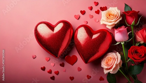 two red and pink heart and a roses