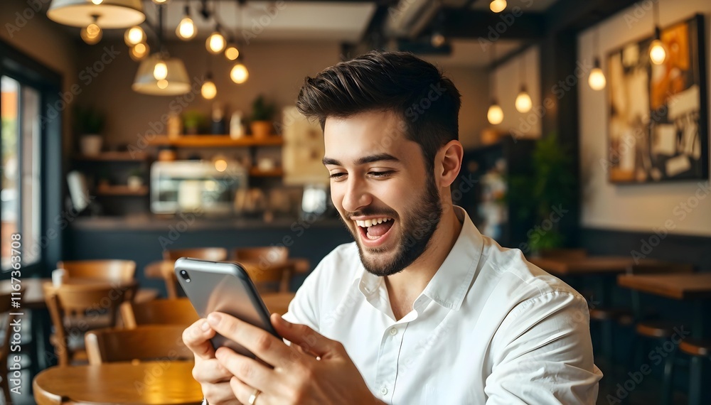 Smiling Man Using Smartphone in a warm cafe setting Smiling Man Using Smartphone in a warm cafe setting
