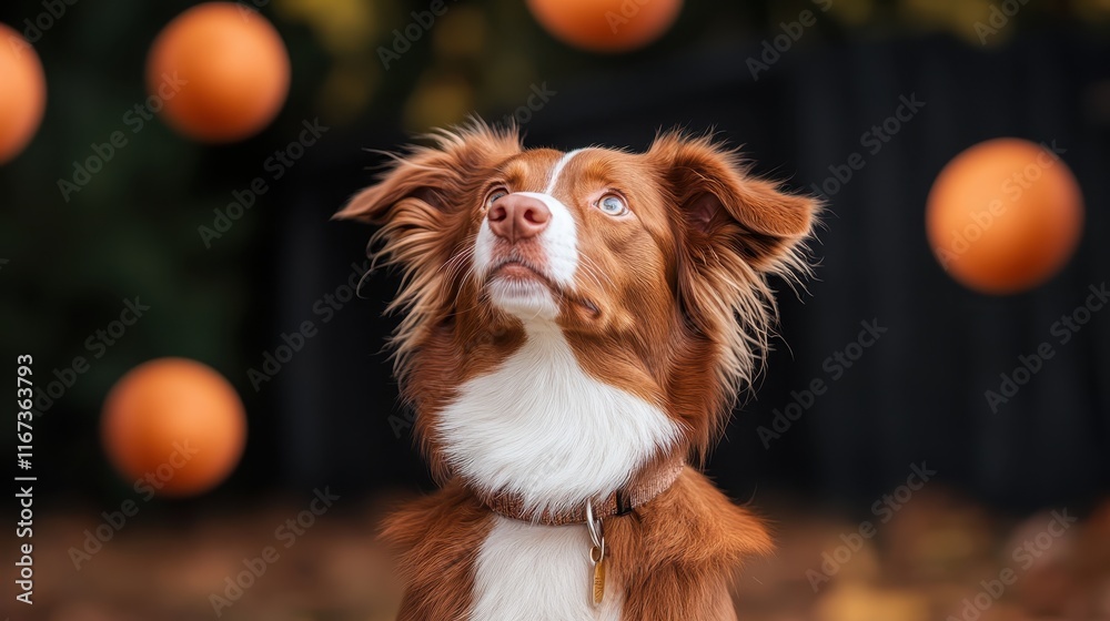 An adorable dog with bright eyes intently watches oranges being thrown in the air, capturing a moment of playful anticipation and joy in the outdoors. An adorable dog with bright eyes intently watches oranges being thrown in the air, capturing a moment of playful anticipation and joy in the outdoors.