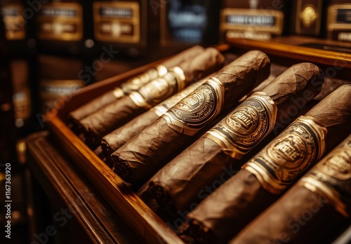 A detailed view of cigars in an upscale tobacco shop. photo