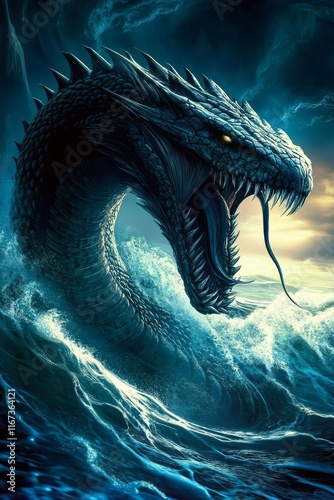 A mythical sea serpent breaching the ocean surface. photo