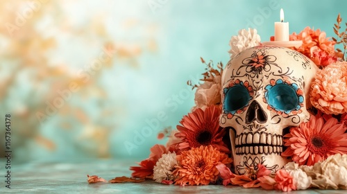 An artistic representation of a skull surrounded by vibrant flowers and soft lighting, offering a spiritual aura that connects the themes of death and beauty harmoniously. photo