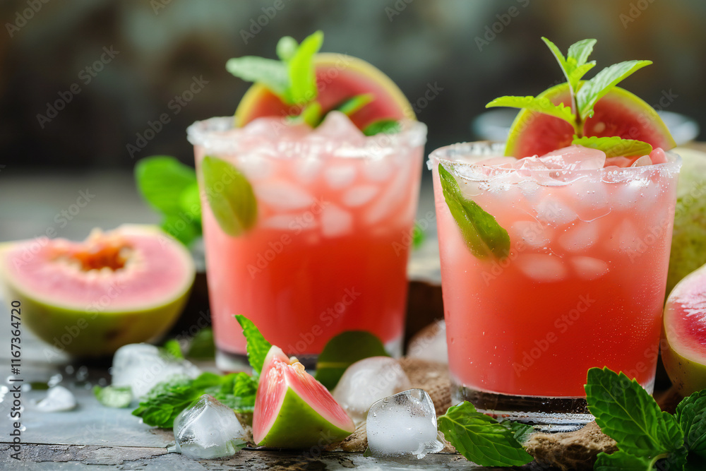 custom made wallpaper toronto digitalRefreshing Guava Juice in a Glass with Guava Slices and Straw, Tropical Beverage in a Beach Setting