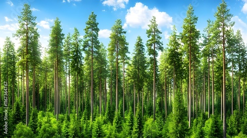 Serene Coniferous Pine Forest with Lush Green Foliage and Tranquil Natural Scenery