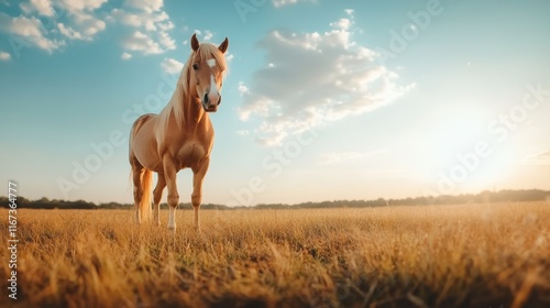 A stunning horse poses gracefully in a sunlit field, capturing the essence of beauty and nature. The warm sunlight enhances the emotional and tranquil atmosphere of the scene. photo