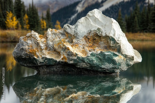 Potato Lake in the Rocky Mountains, Canada. Podium of Kamination Mountain with white rock face and green pine forest on the right side, reflection of the mountain in the lake water, autumn colors photo