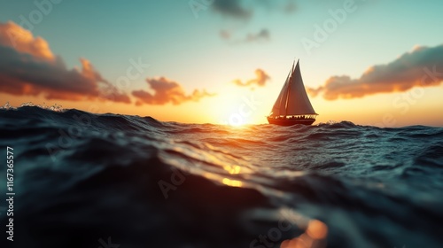 A serene evening at sea shows a sailboat silhouetted against a stunning sunset, highlighting the beauty of nature and the peace of a nautical journey.