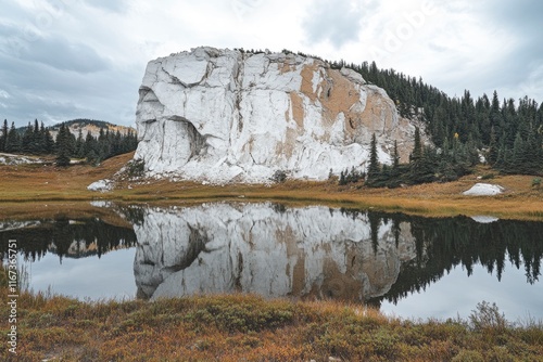 Potato Lake in the Rocky Mountains, Canada. Podium of Kamination Mountain with white rock face and green pine forest on the right side, reflection of the mountain in the lake water, autumn colors photo