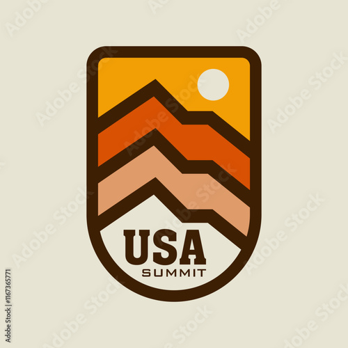 Summits Mountain emblem badge patch logo design with Mount Peak, simple minimalist line art, vector illustration