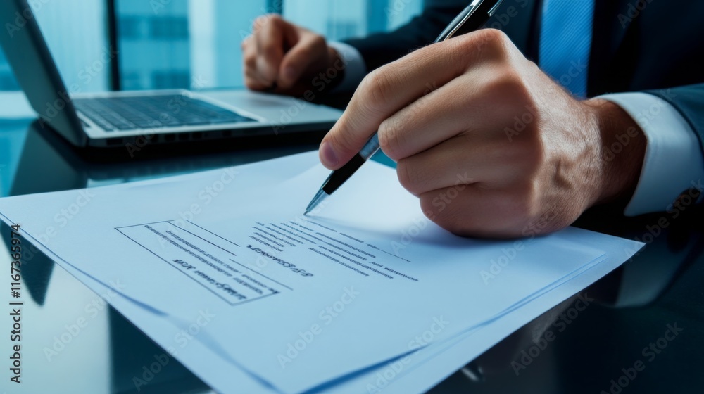 A professional setting where a person is reviewing and signing documents, with a laptop in the background, showcasing a focus on work and productivity. A professional setting where a person is reviewing and signing documents, with a laptop in the background, showcasing a focus on work and productivity.