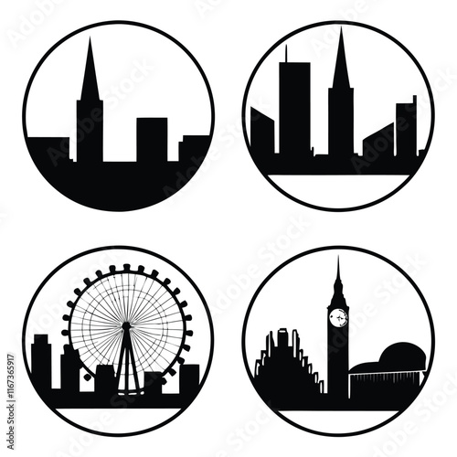 Black Urban Skyline Silhouettes in Modern Circular Frames