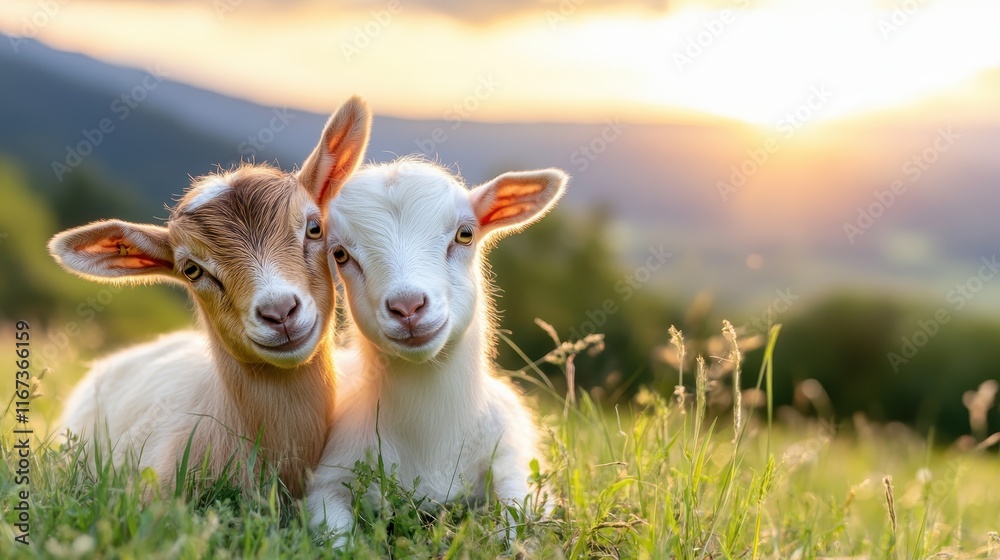 This heartwarming image captures two adorable goats snuggling closely as the sun sets in the background, showcasing their innocence and peaceful coexistence in nature. This heartwarming image captures two adorable goats snuggling closely as the sun sets in the background, showcasing their innocence and peaceful coexistence in nature.