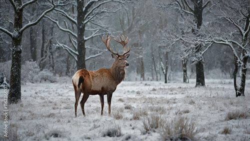 Wallpaper Mural zoo animals wild animals A red deer stag standing proudly in a snowy field, its thick fur slightly frosted by the falling snow. ai Torontodigital.ca