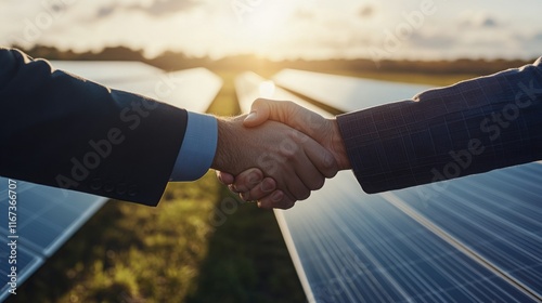 Two individuals shake hands in a solar farm, symbolizing partnership and commitment to renewable energy and sustainability under a sunset.