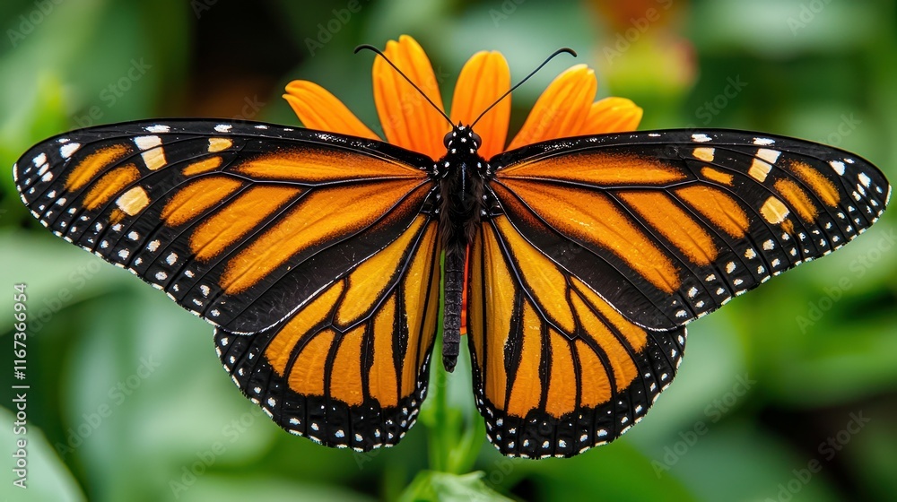 Fototapeta premium Monarch butterfly on orange flower, garden background, conservation image.