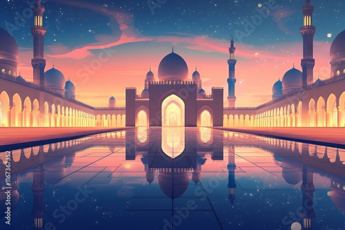 Majestic Mosque Reflecting In Still Water At Sunset photo