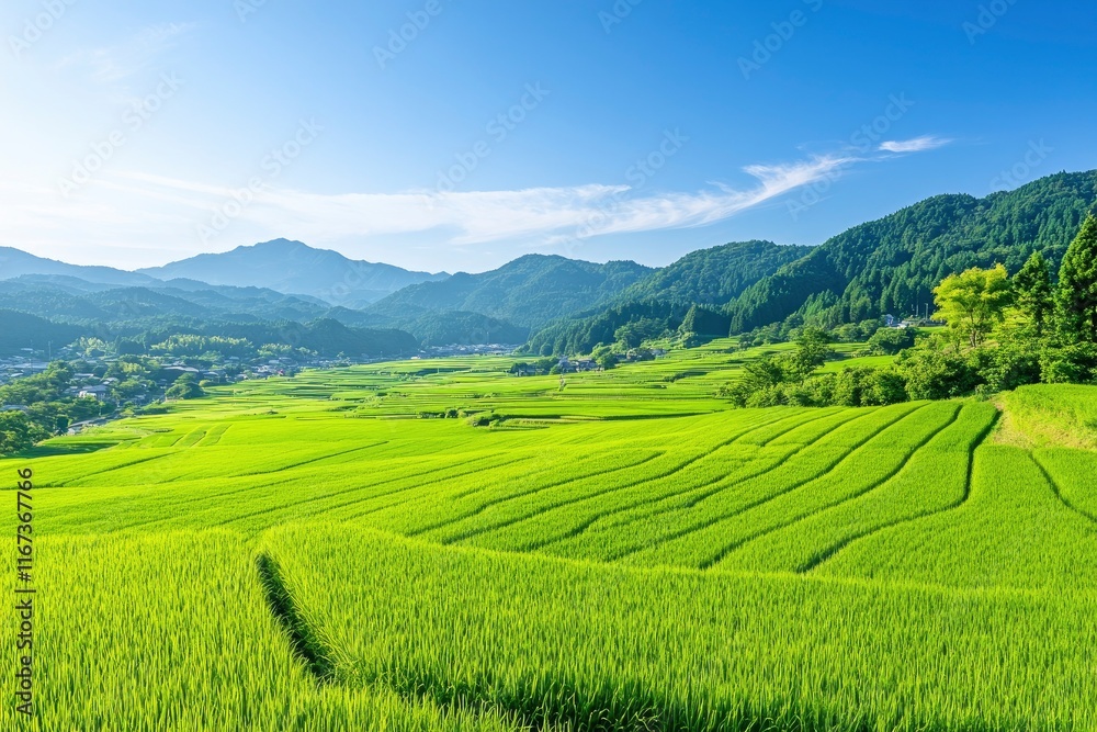 Fototapeta premium The grassy hills of the lush green landscape with clear blue sky and mountains in background, green grass field, summer nature scene. A stunning view from above of Japanese countryside