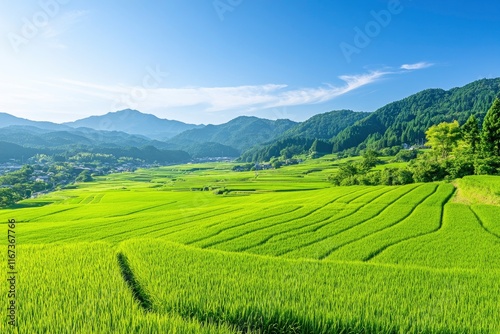 The grassy hills of the lush green landscape with clear blue sky and mountains in background, green grass field, summer nature scene. A stunning view from above of Japanese countryside