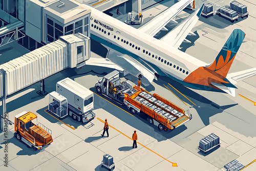 An airport scene showcasing an airplane, ground crew, and cargo loading activities. photo