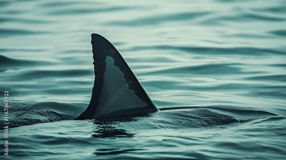 Fototapeta premium Orca dorsal fin emerges from ocean waves