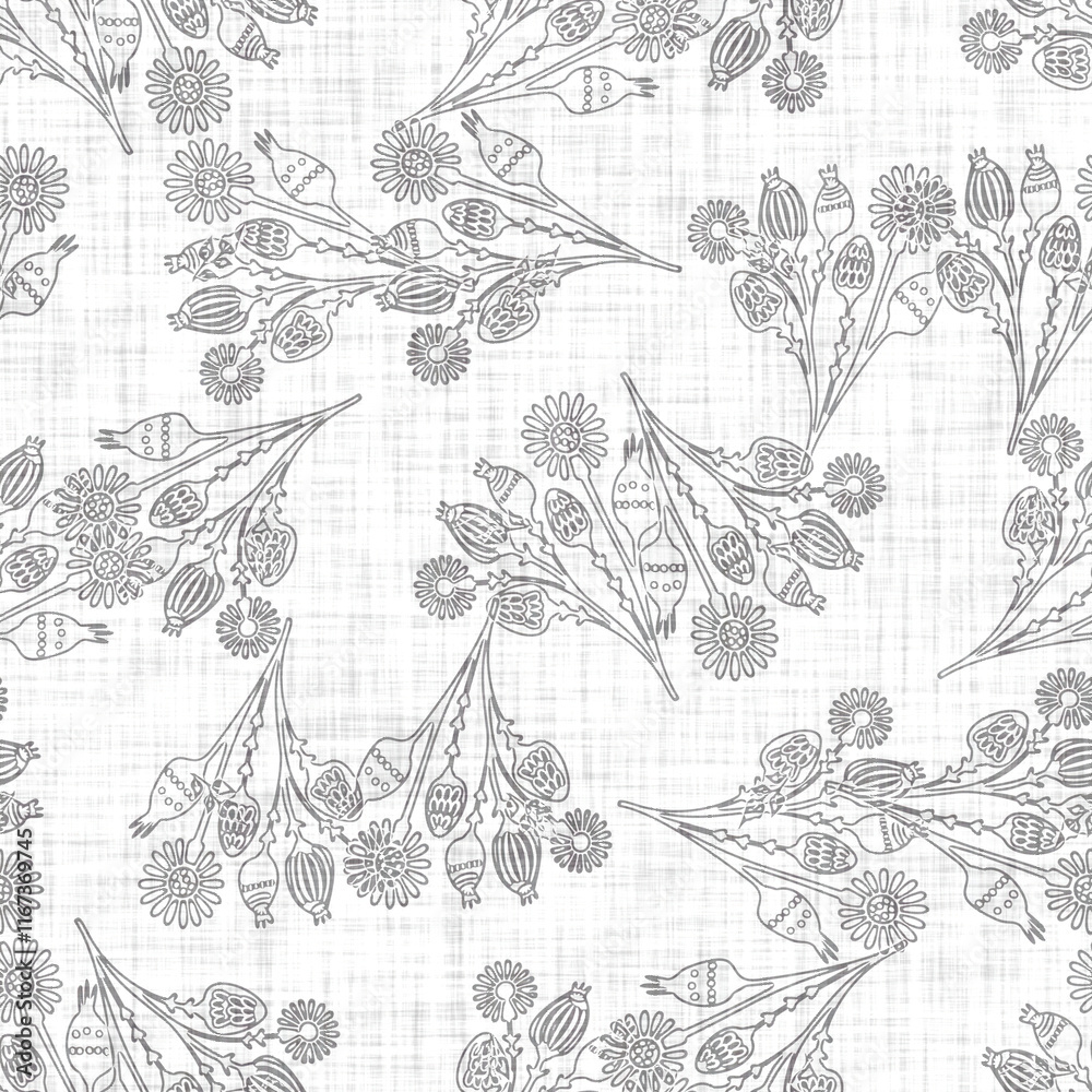 Fototapeta premium White neutral minimal floral bloom motif with linen effect texture for baby nursery seamless background. Modern muted simple soft pattern for wallpaper, home decor, white grey design.