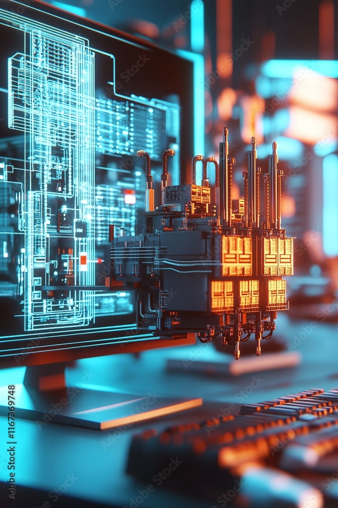 Office computer displaying a detailed 3D CAD model of a power distribution system featuring labeled transformers and nodes. Office computer displaying a detailed 3D CAD model of a power distribution system featuring labeled transformers and nodes.