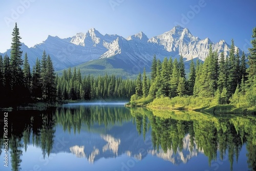 The majestic Rocky Mountain range stands tall and serene, reflecting in the crystal-clear waters of Lake Louise at sunrise. The surrounding pine trees add to its picturesque beauty