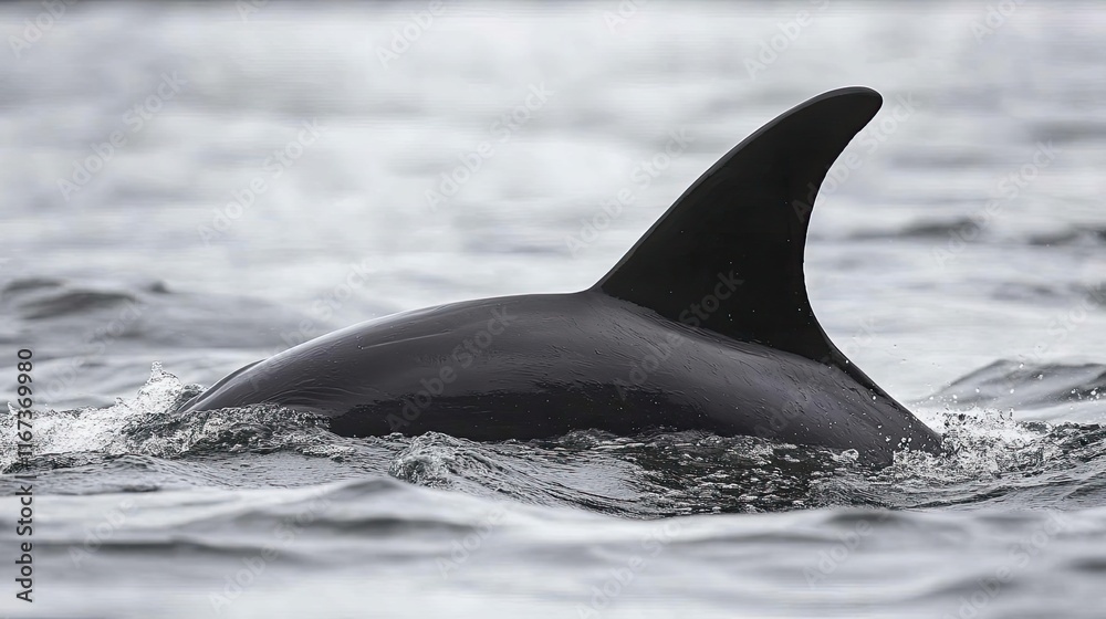 Fototapeta premium Orca dorsal fin emerges from ocean waves