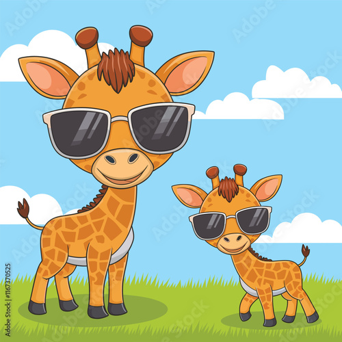 set of Cute Giraffe with sun glasses isolated white background