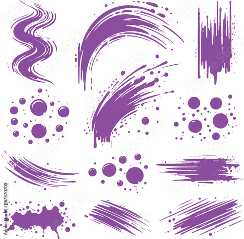 Abstract Purple Brush Strokes and Splatter Art Elements in Digital Style