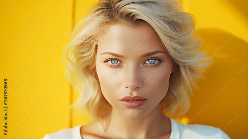 Gorgeous Blonde Hair, Blue Eyes, and a Yellow Background. Charming Woman Gorgeous Blonde Hair, Blue Eyes, and a Yellow Background. Charming Woman