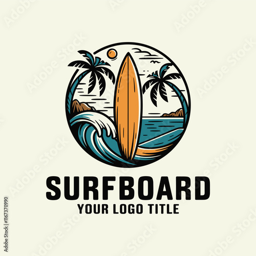 hand drawn surfboard vintage logo design