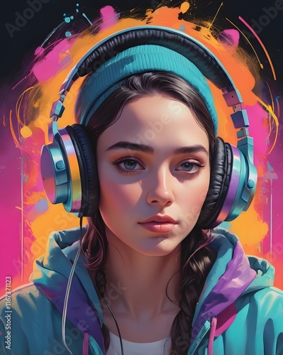 Stylish futuristic model in urban cyberpunk setting
